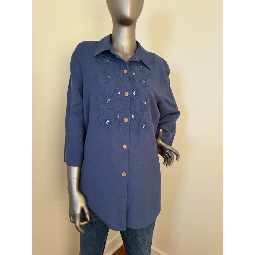 Blue Button Down Tunic Blouse Embroidered & Embellished Linen Blend XL